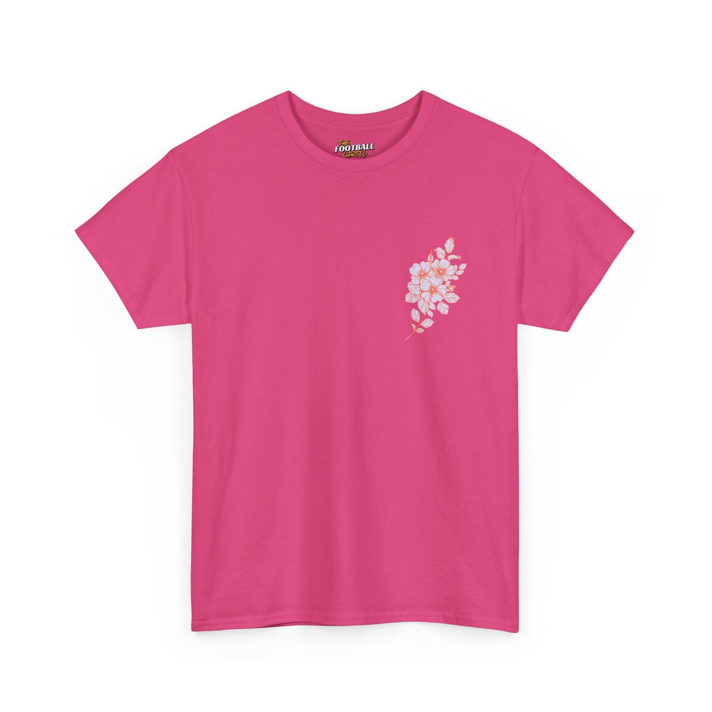 Pink t-shirt with a floral design on a white background