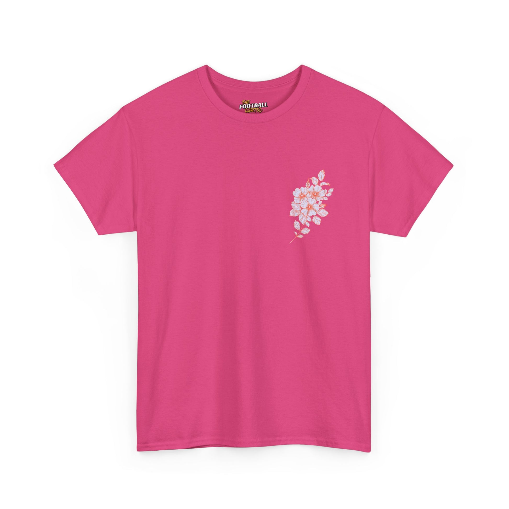 Pink t-shirt with a floral design on a white background