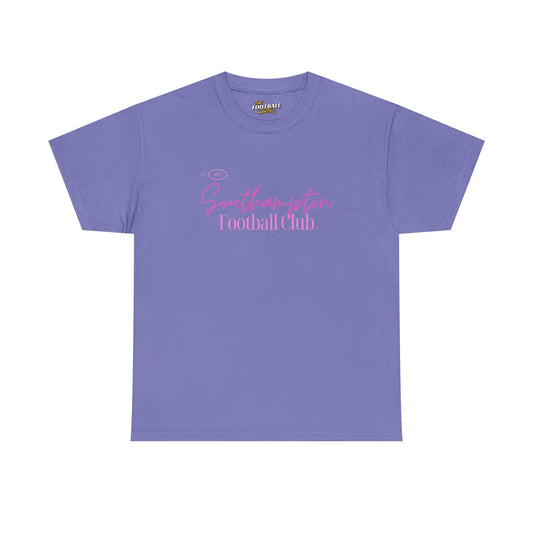 Purple Southampton fc t-shirt with pink text on a white background