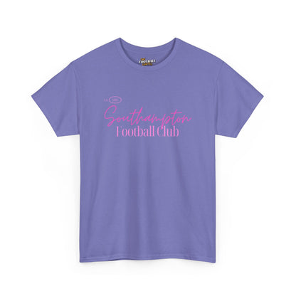 Purple Southampton fc t-shirt with pink text on a white background