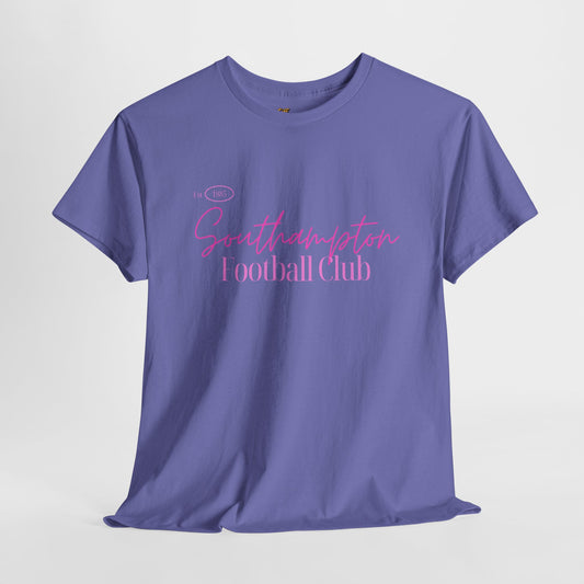 Purple Southampton fc t-shirt with pink text on a light gray background