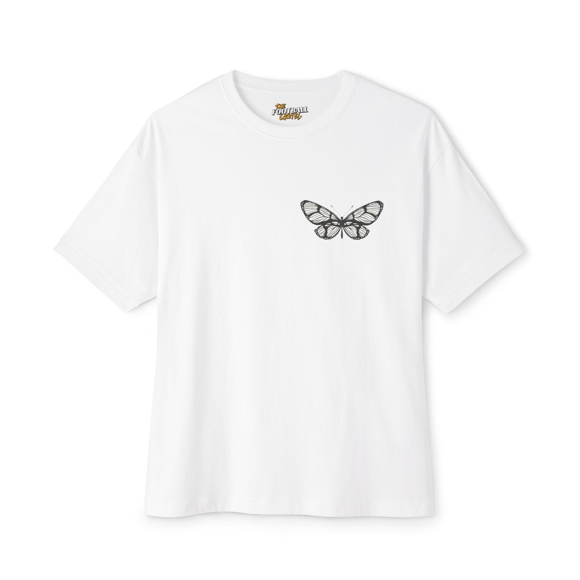White t-shirt with a black butterfly design on a white background