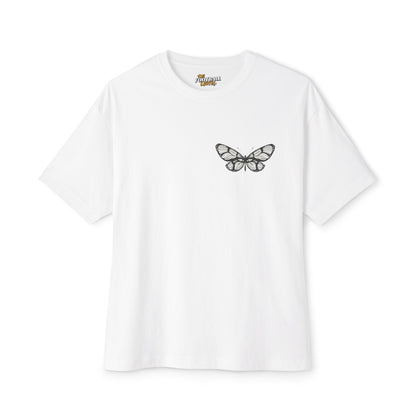White t-shirt with a black butterfly design on a white background