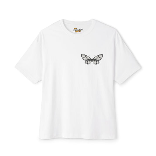 White t-shirt with a black butterfly design on a white background