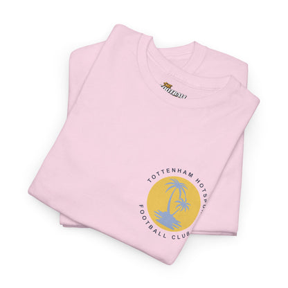 Pink t-shirt with palm tree design and text on a white background