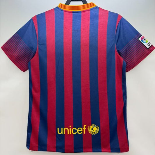 Red and blue striped Barcelona 13/14 home shirt  with Unicef logo on a white background