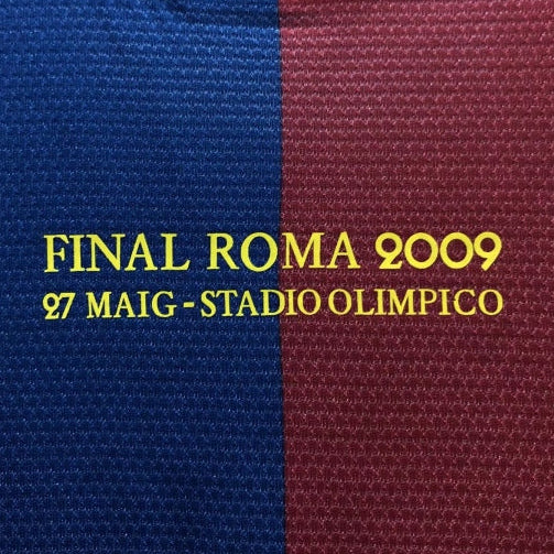 Split blue and red Barcelona 09 champions league final shirt  with 'Final Roma 2009' text