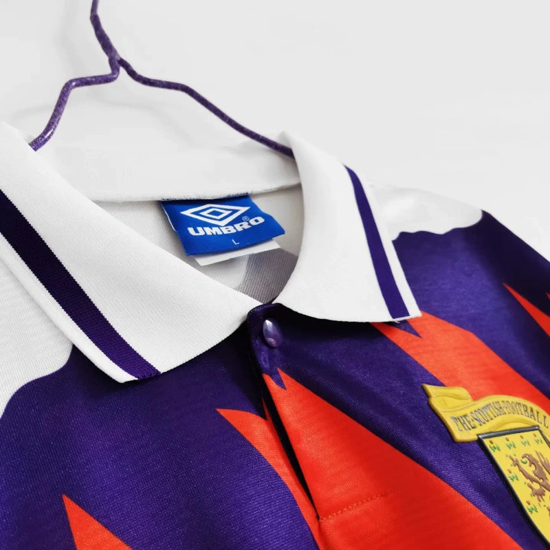 Close-up of a scotland 1992 away shirt with a visible Umbro label
