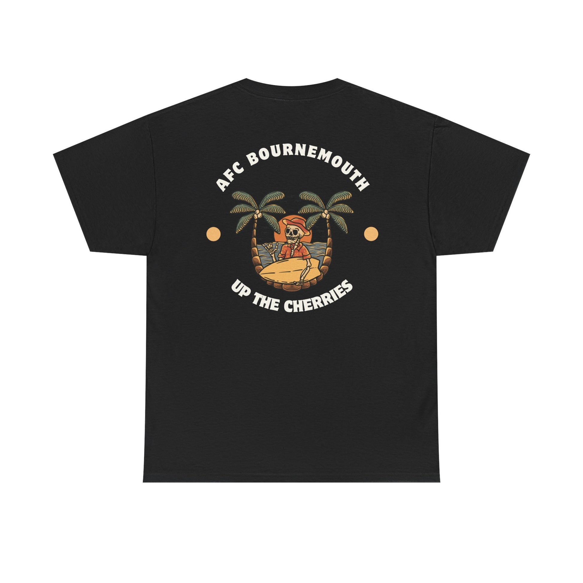 Black afc Bournemouth t-shirt with a graphic design featuring palm trees and text on a white background