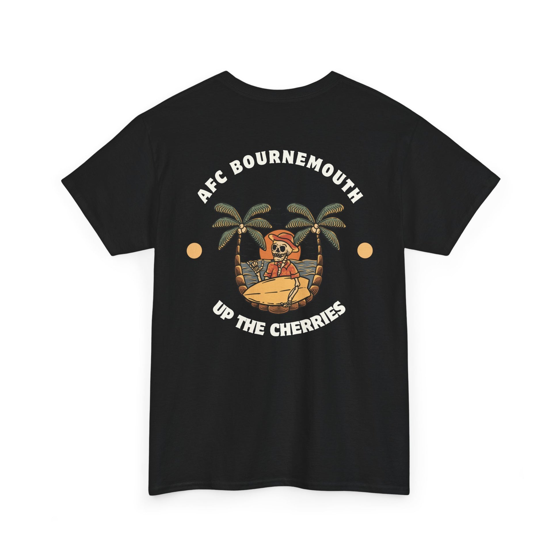 Black afc Bournemouth  t-shirt with tropical graphic and text on a white background