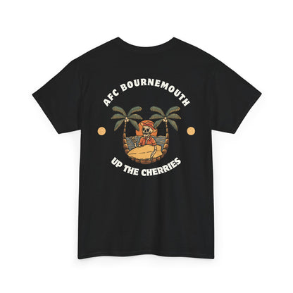 Black afc Bournemouth  t-shirt with tropical graphic and text on a white background