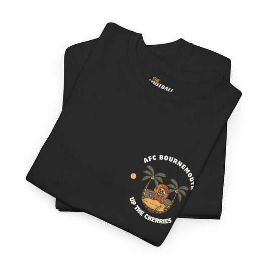Folded black t-shirt with AFC Bournemouth logo and text on a white background