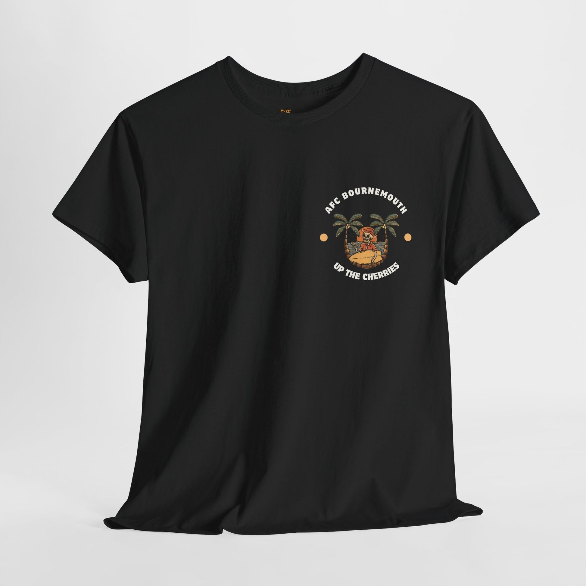 Black afc Bournemouth t-shirt with a graphic design on a light gray background