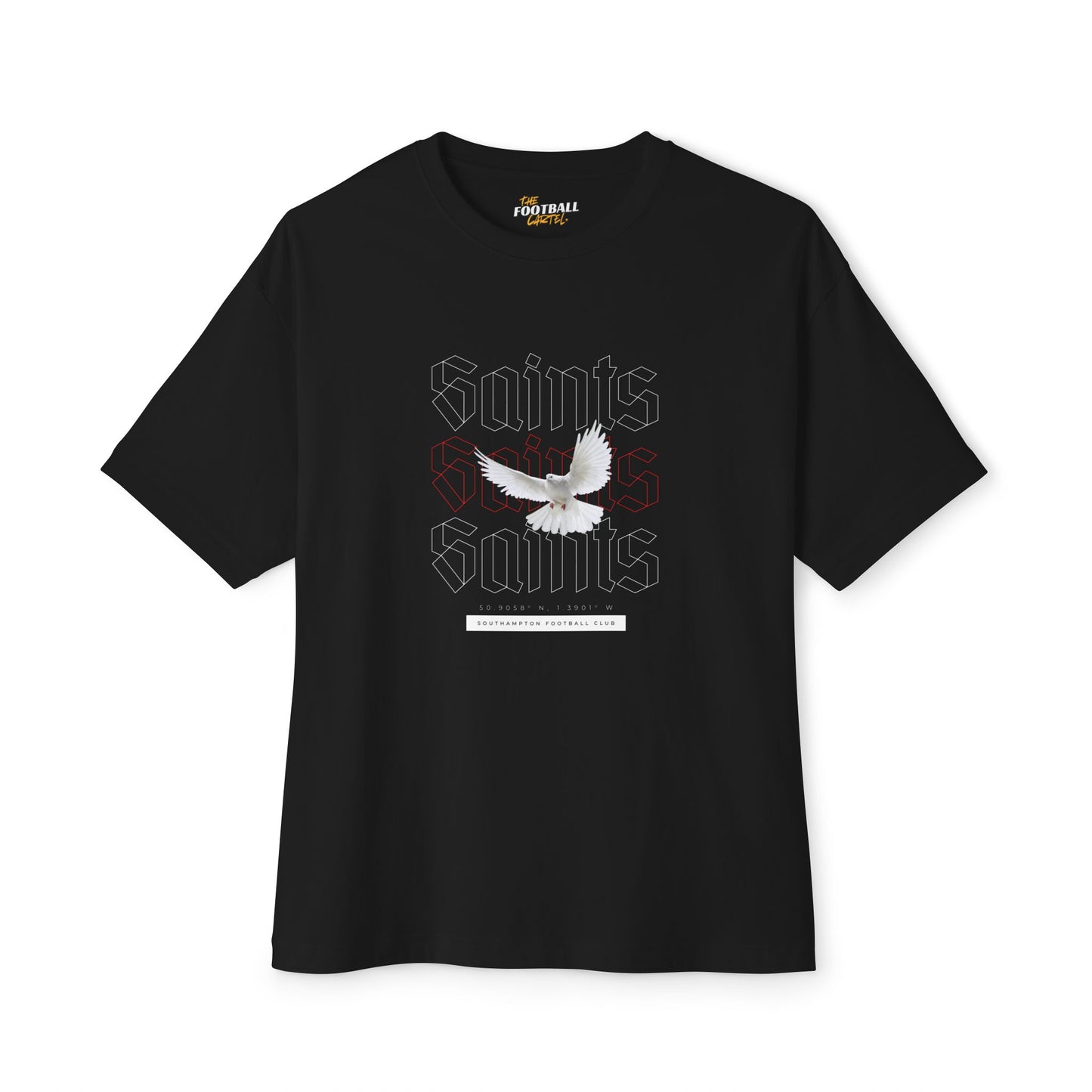 Black t-shirt with 'Saints' graphic design on a white background