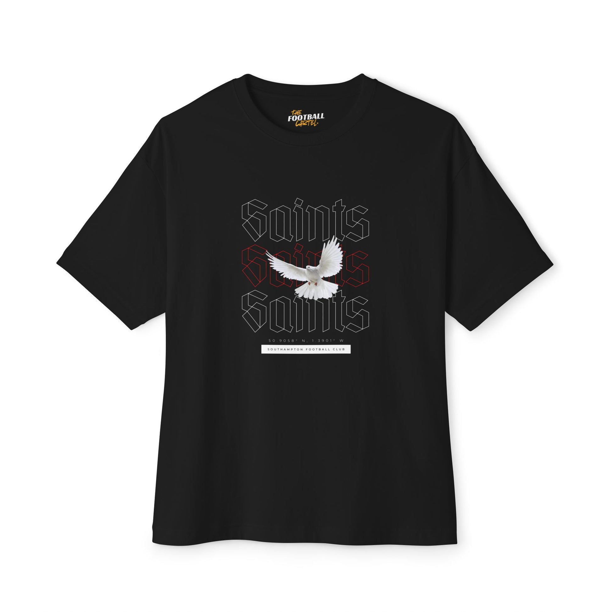 Black t-shirt with 'Saints' graphic design on a white background