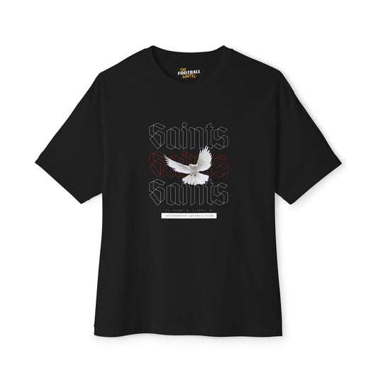 Black t-shirt with 'Saints' graphic design on a white background
