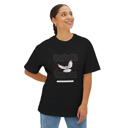 Person wearing a black t-shirt with a graphic design on a white background