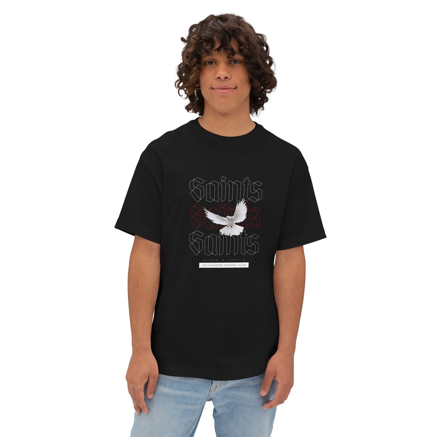 Person wearing a black t-shirt with a graphic design on a white background