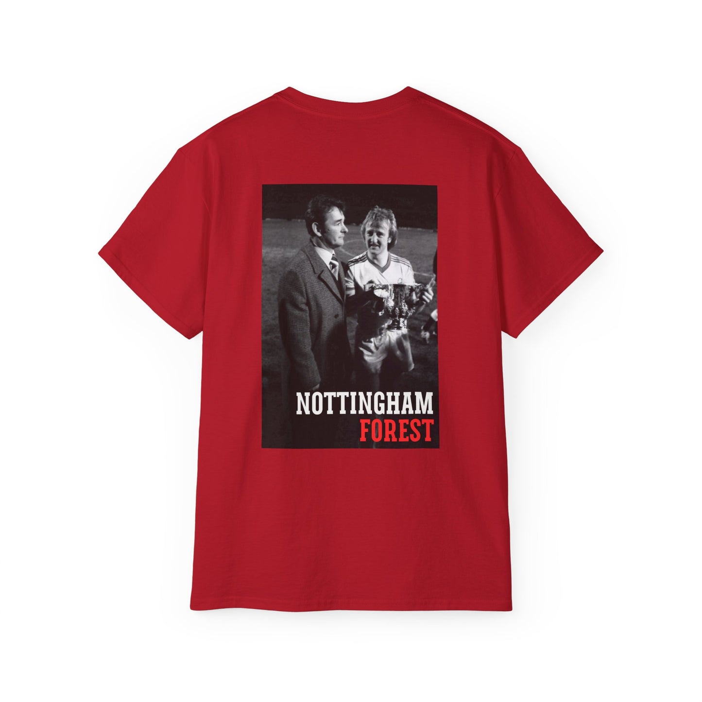 Red t-shirt with a black and white photo and 'Nottingham Forest' text on a white background
