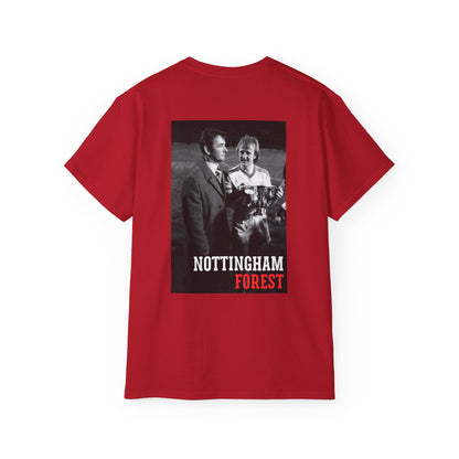 Red t-shirt with a black and white photo and 'Nottingham Forest' text on a white background
