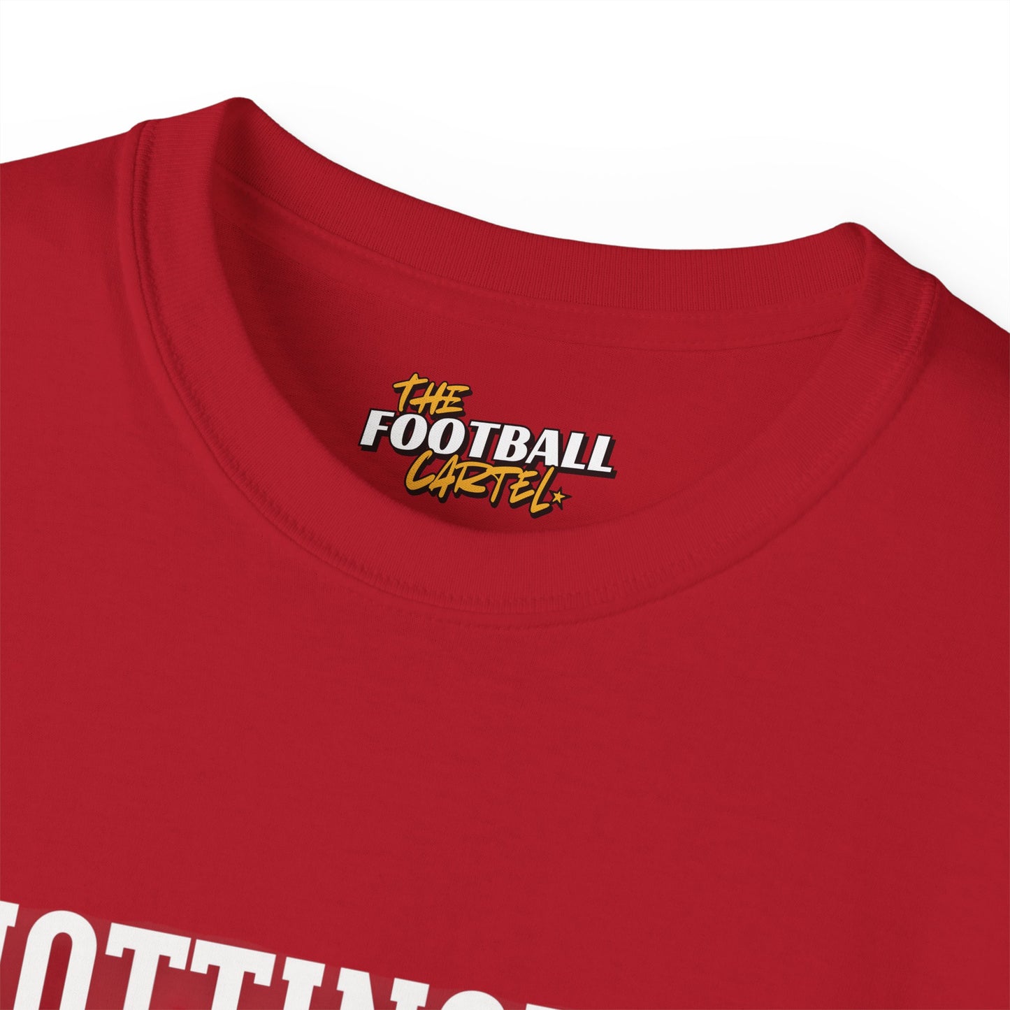 Red t-shirt with 'The Football Cartel' logo on a white background