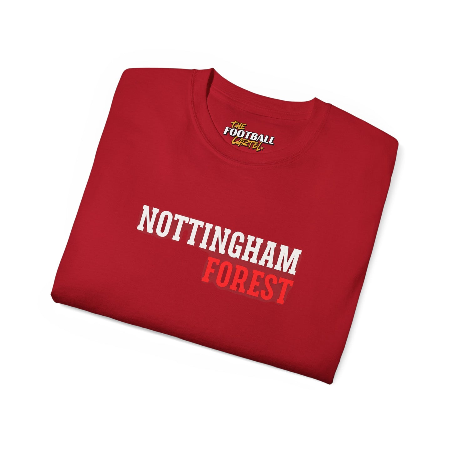 Folded red t-shirt with 'Nottingham Forest' text on a white background