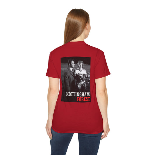 Red t-shirt with a graphic design on the back, worn by a person, on a white background