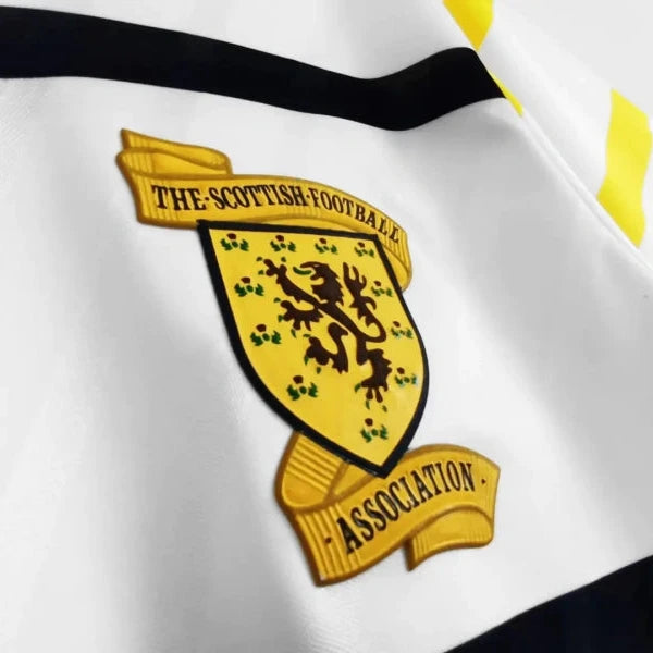 Close-up of a Scotland 1988 away shirt with The Scottish Football Association emblem
