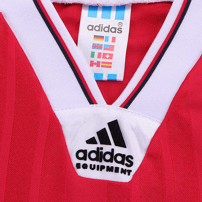 Red and white Arsenal 92-94 home kids kit with Adidas logo on a textured gray background