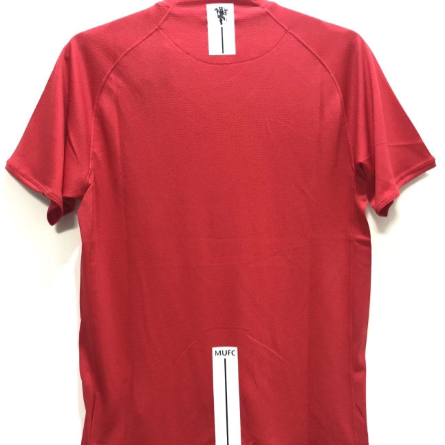 Red Man United 2008 champions league shirt with 'MUFC' branding on a white background