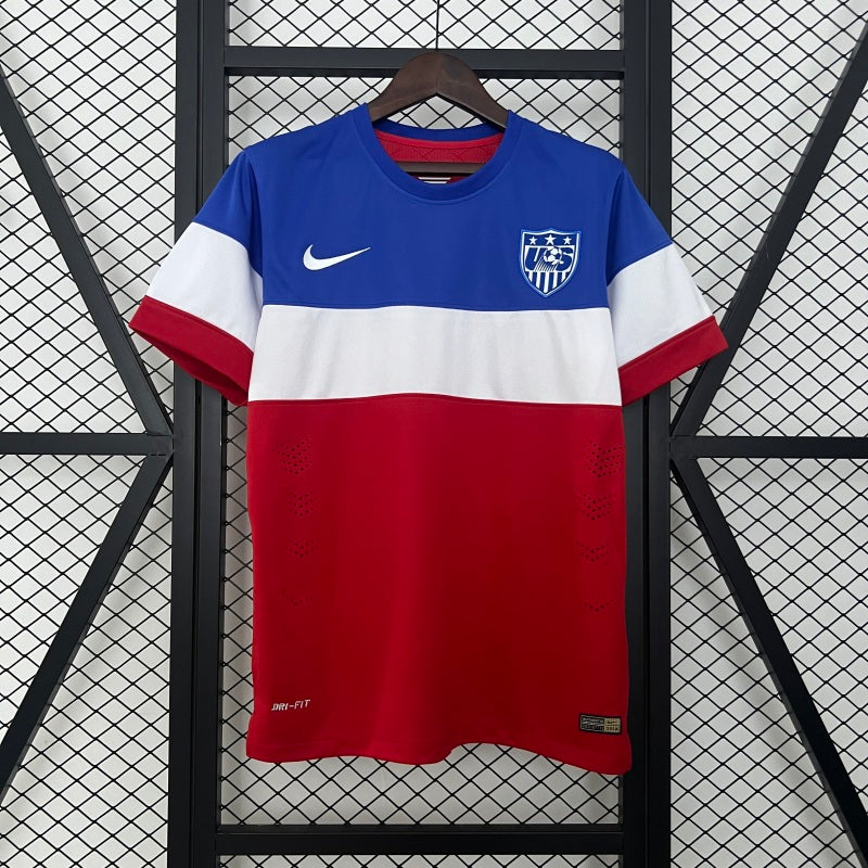 Red, white, and blue USA 2014 away shirt  with Nike logo on a hanger against a grid background