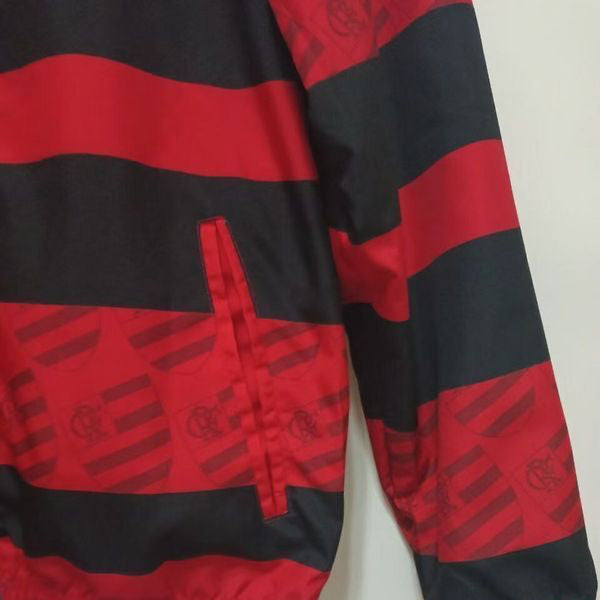 Red and black striped Flamengo 95/96 windbreaker jacket on a white background