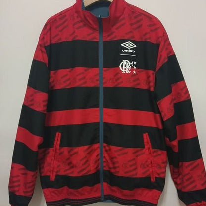 Red and black Flamengo 95/96 windbreaker jacket with a brand logo on a white background