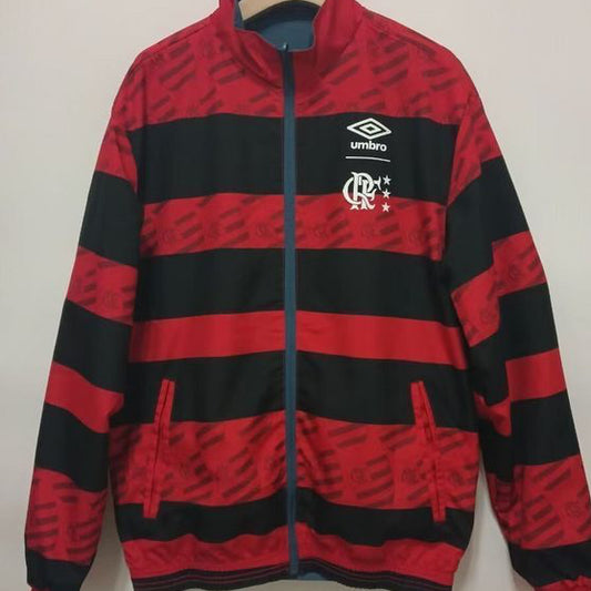 Red and black Flamengo 95/96 windbreaker jacket with a brand logo on a white background